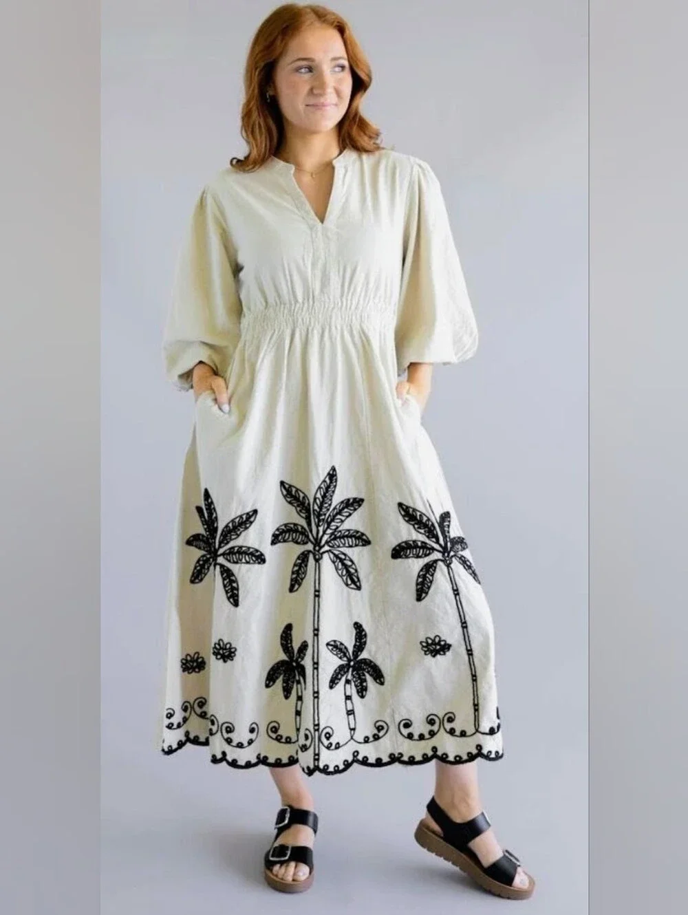 NWT Simply Southern Puff Sleeve XXL Dress w/Embroidered Palm Trees - Picture 2 of 11